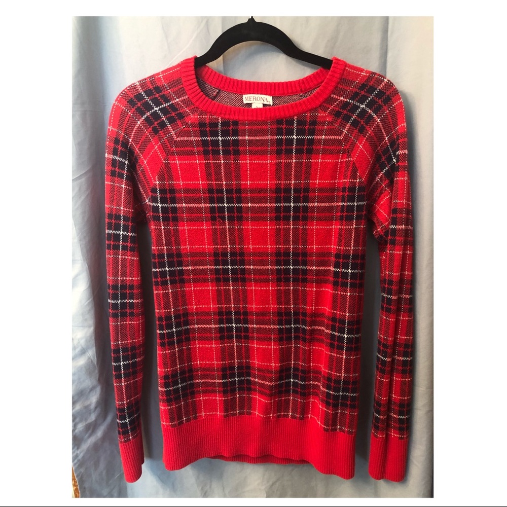 Red, white, and black sweater